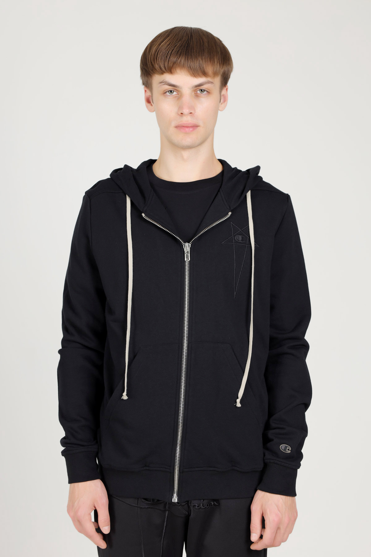 RICK OWENS x CHAMPION Men Embroidered Logo Jacket in Black with Hoodie 1