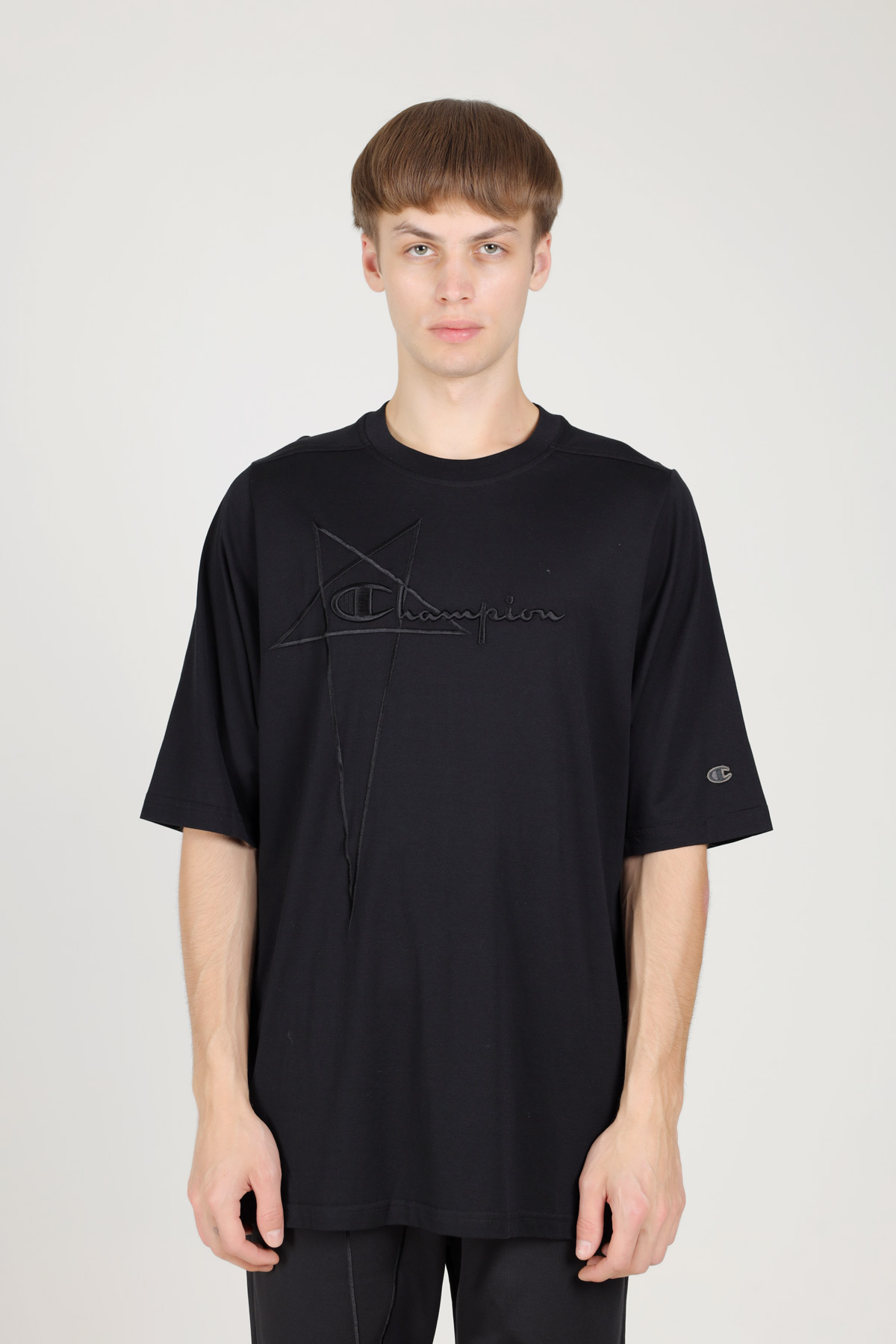 RICK OWENS x CHAMPION Men Embroidered Logo Oversized T-Shirt in Black 1