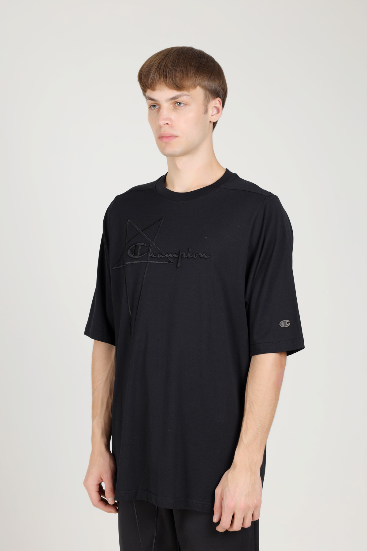 RICK OWENS x CHAMPION Men Embroidered Logo Oversized T-Shirt in Black 3