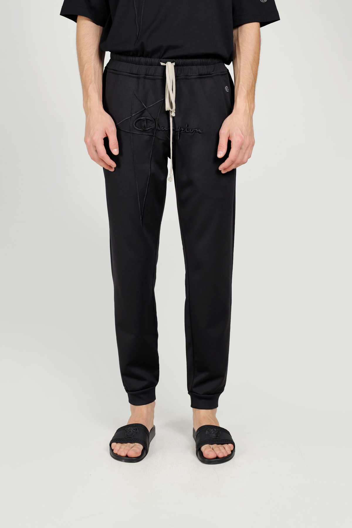 RICK OWENS x CHAMPION Men Embroidered Logo Trousers in Black 1