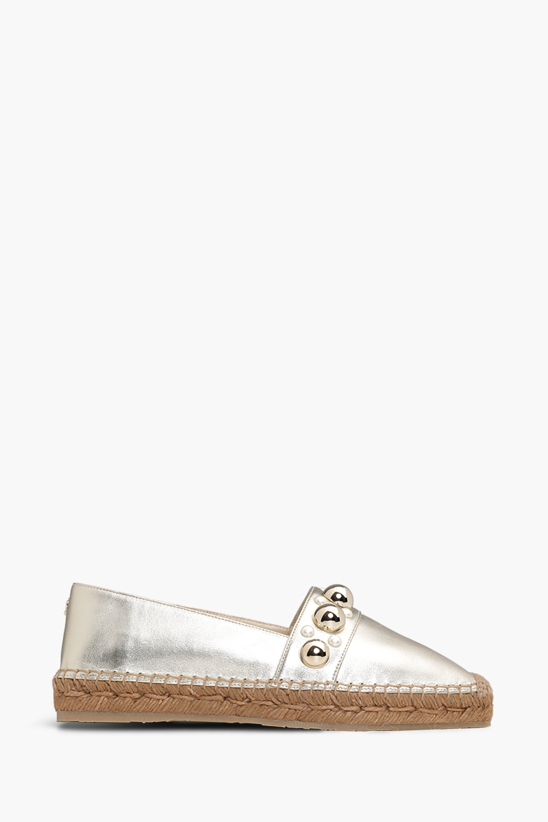 JIMMY CHOO Women Dru Flat Espadrilles in Gold Metallic with Pearls And Studs 0