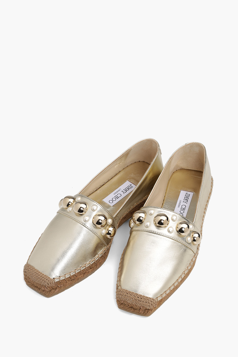 JIMMY CHOO Women Dru Flat Espadrilles in Gold Metallic with Pearls And Studs 1