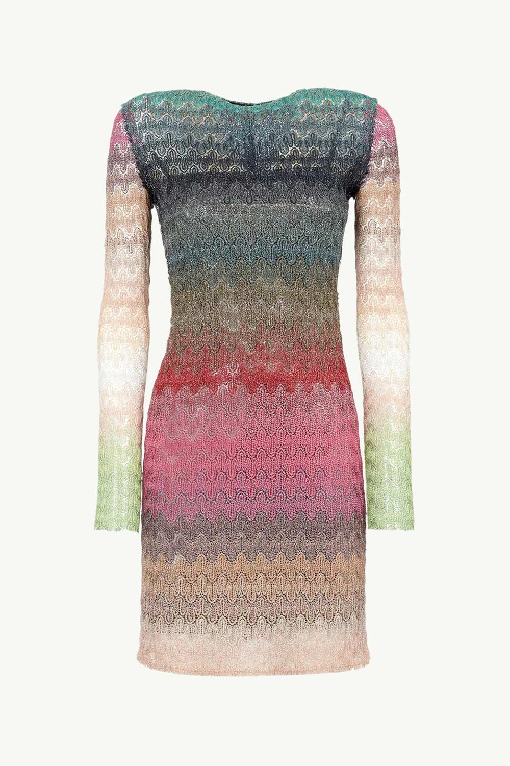 MISSONI Women Degrade Wavy Patterns Mini Dress in Green/Pink Multicolor Glitter with Long Sleeves 0