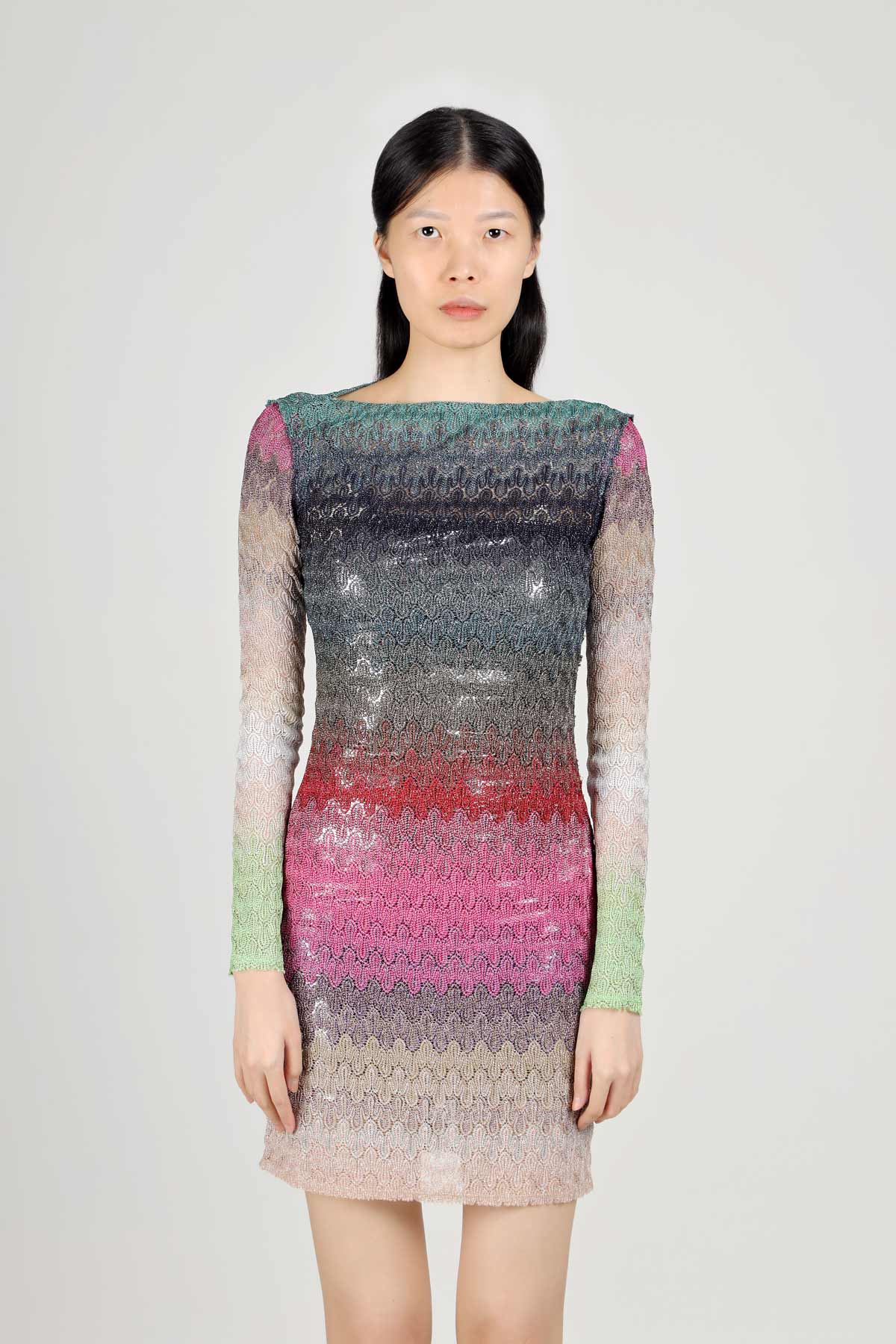 MISSONI Women Degrade Wavy Patterns Mini Dress in Green/Pink Multicolor Glitter with Long Sleeves 1