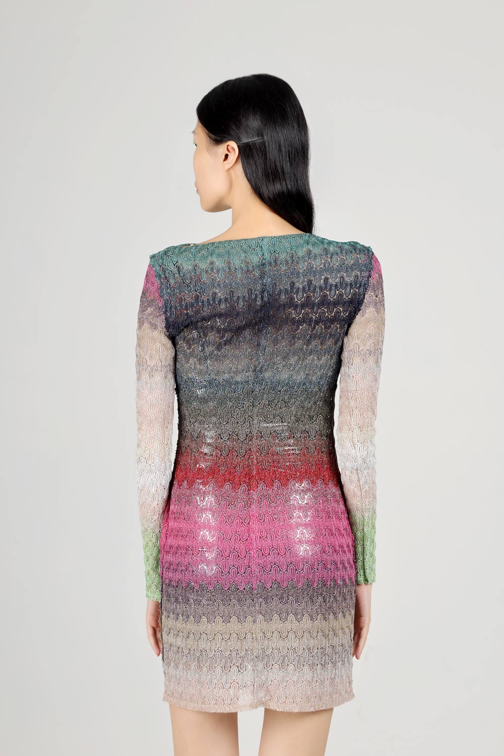 MISSONI Women Degrade Wavy Patterns Mini Dress in Green/Pink Multicolor Glitter with Long Sleeves 2