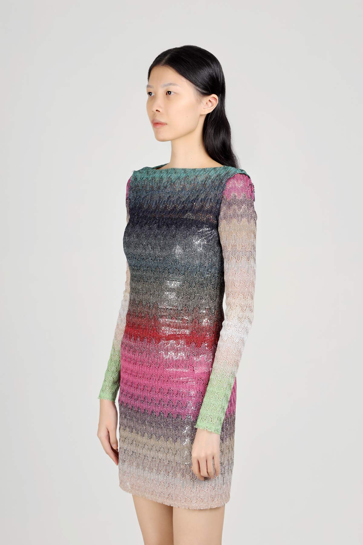 MISSONI Women Degrade Wavy Patterns Mini Dress in Green/Pink Multicolor Glitter with Long Sleeves 3