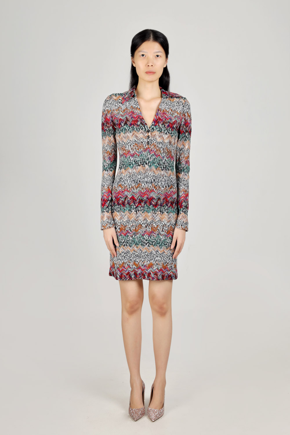 MISSONI Women Irregular Zig-Zag Patterns Mini Dress in Green Multicolor with Short Sleeves and Collar 0