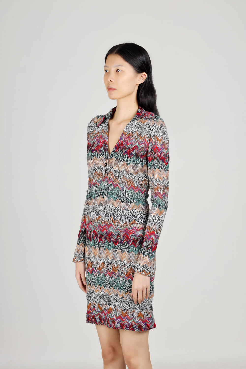 MISSONI Women Irregular Zig-Zag Patterns Mini Dress in Green Multicolor with Short Sleeves and Collar 2