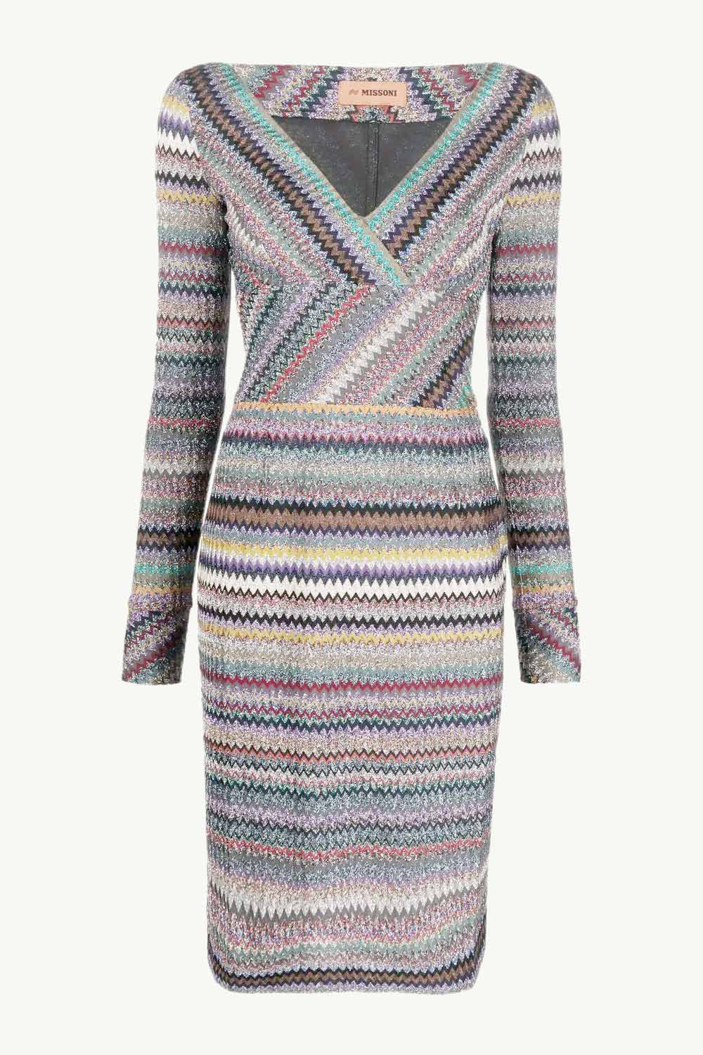 MISSONI Women Zig-Zag Patterns V-Neck Dress in Beige Multicolor Glitter with Long Sleeves 0