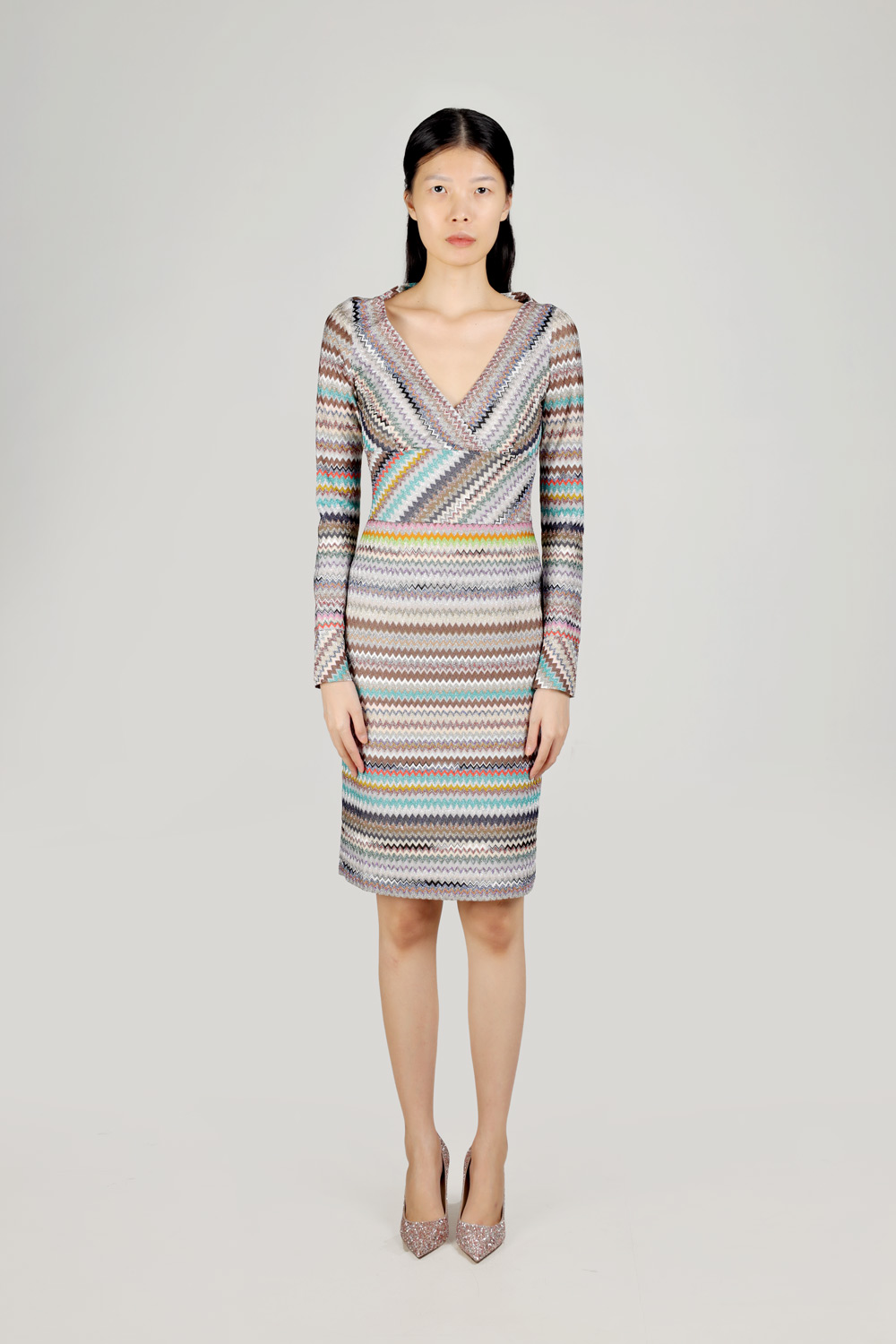 MISSONI Women Zig-Zag Patterns V-Neck Dress in Beige Multicolor Glitter with Long Sleeves 1