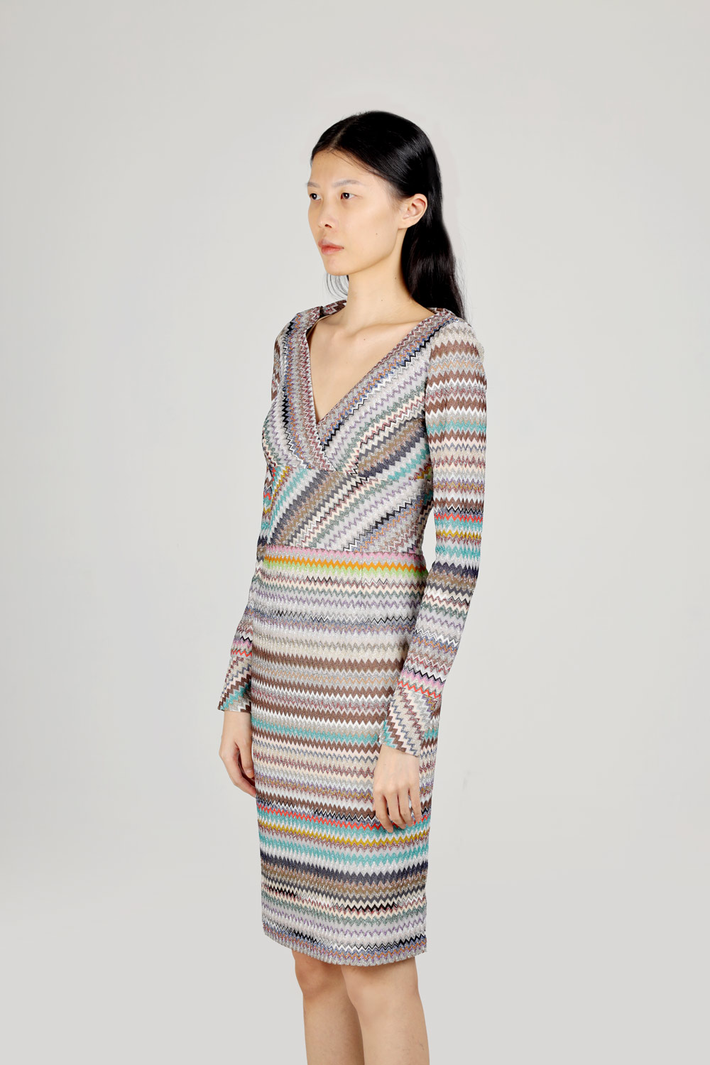 MISSONI Women Zig-Zag Patterns V-Neck Dress in Beige Multicolor Glitter with Long Sleeves 3