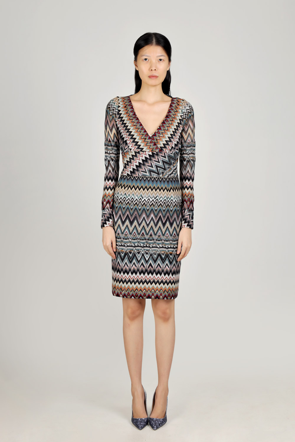 MISSONI Women Zig-Zag Patterns V-Neck Dress in Black Multicolor with Long Sleeves 0