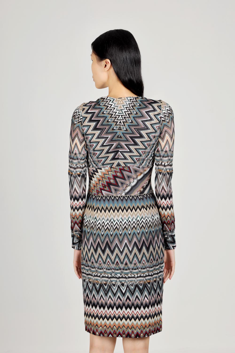 MISSONI Women Zig-Zag Patterns V-Neck Dress in Black Multicolor with Long Sleeves 1