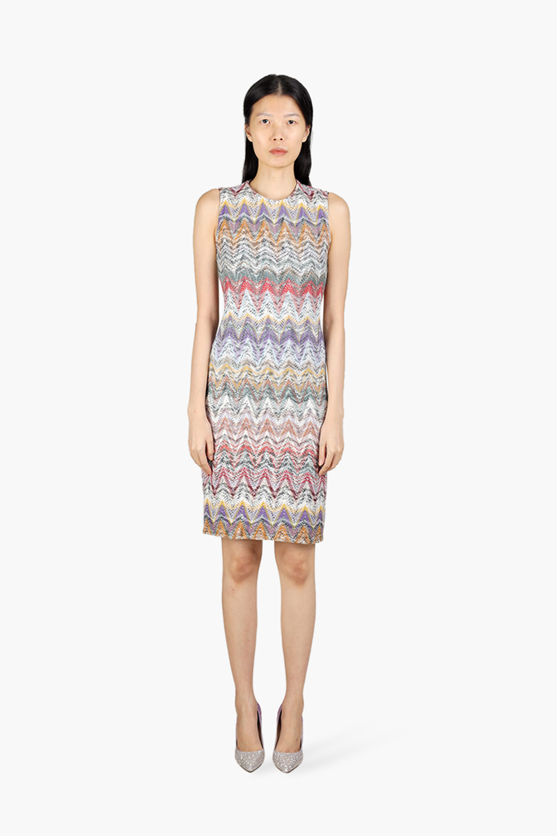 MISSONI Women Zig-Zag Patterns Knit Sleeveless Mini Dress in Beige/Purple Multicolor 0