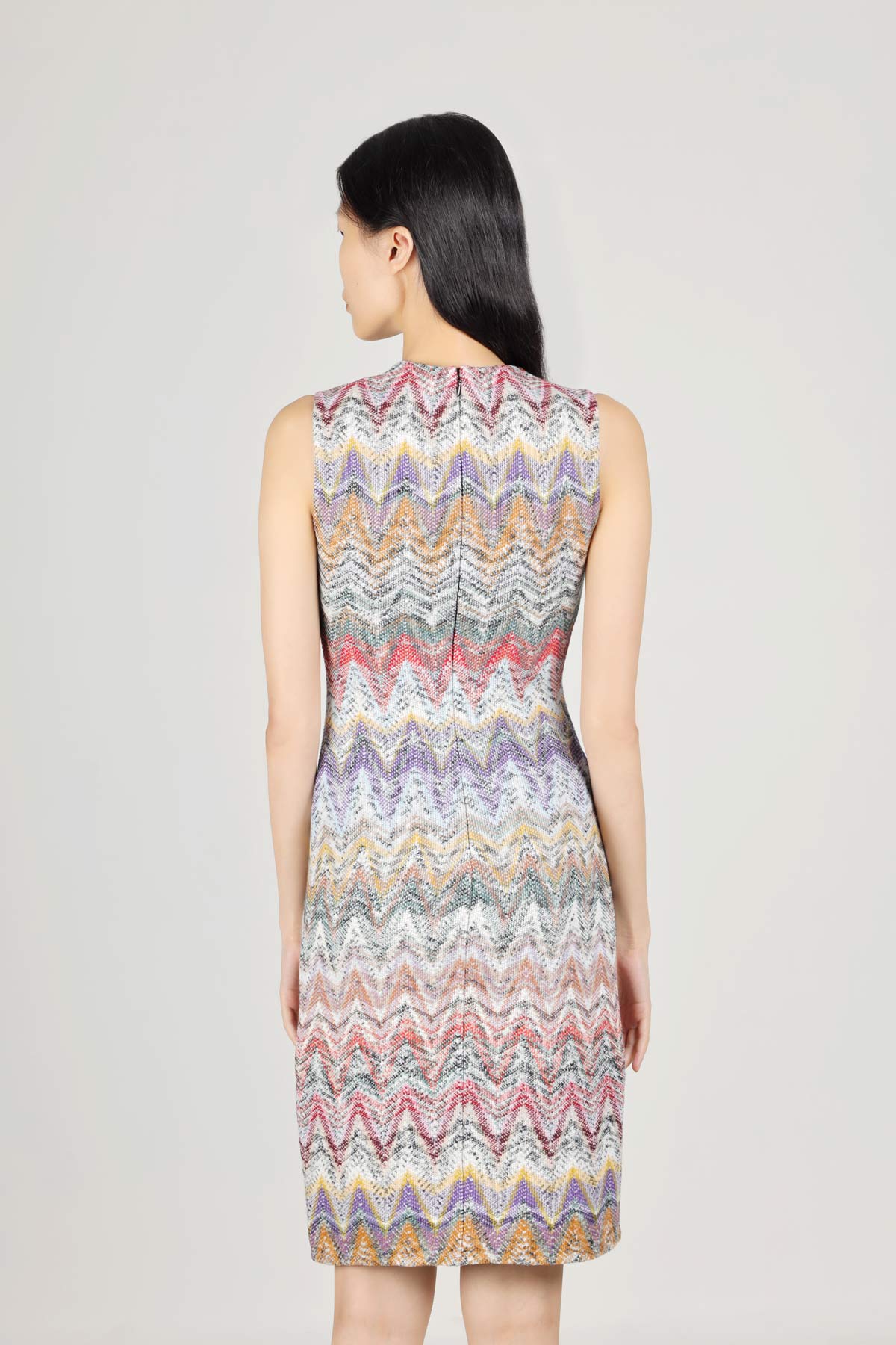 MISSONI Women Zig-Zag Patterns Knit Sleeveless Mini Dress in Beige/Purple Multicolor 2