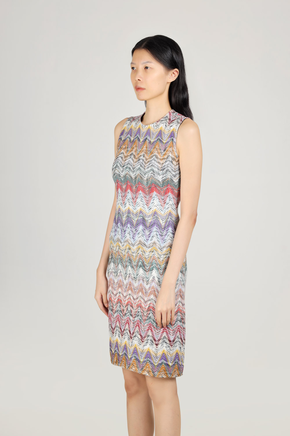 MISSONI Women Zig-Zag Patterns Knit Sleeveless Mini Dress in Beige/Purple Multicolor 3