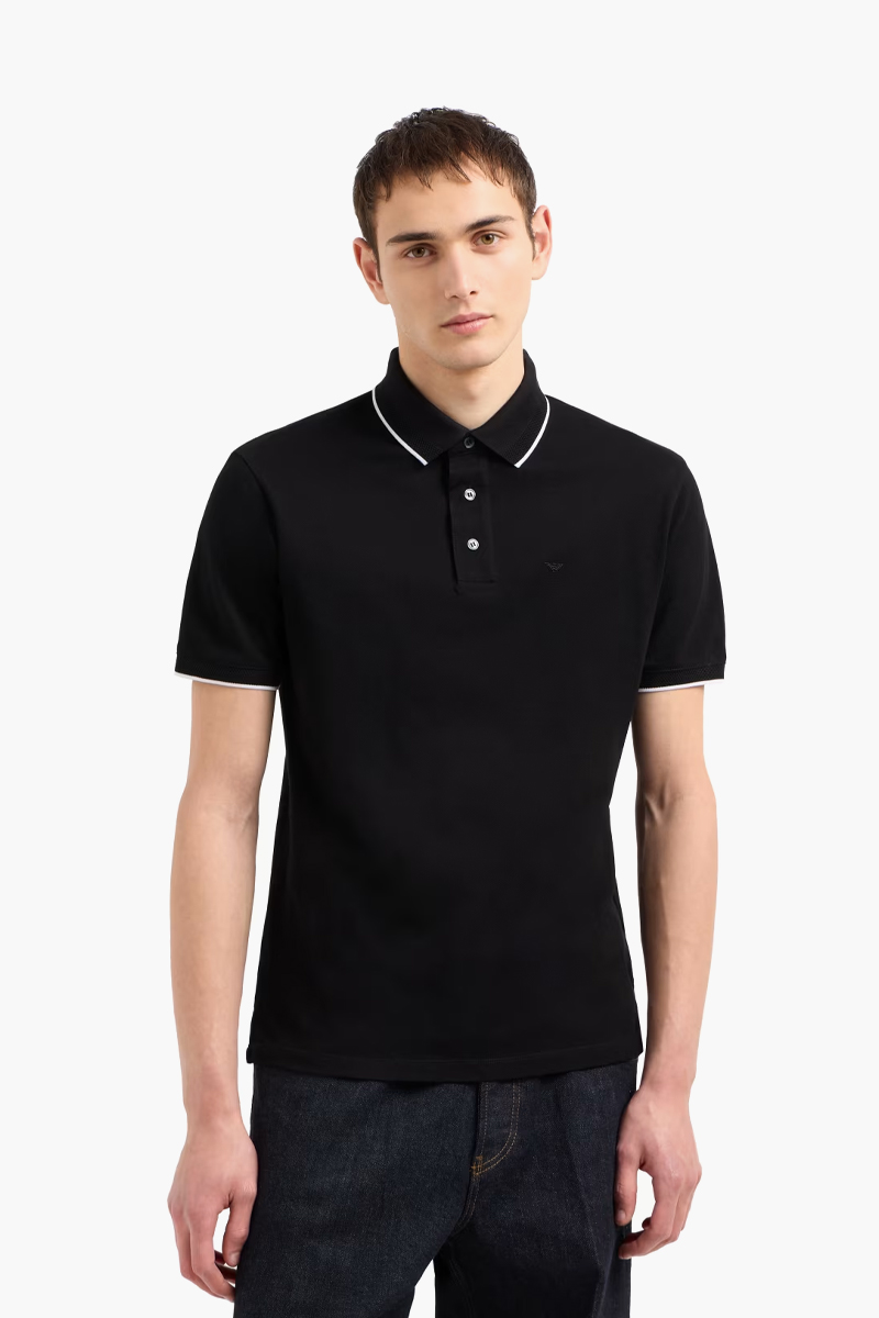 EMPORIO ARMANI Stretch Piqué Polo Shirt With Micro Eagle Embroider in Black 1