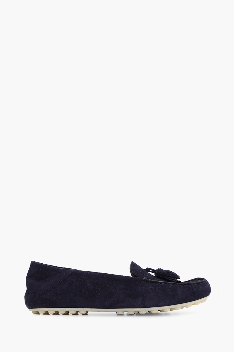 LORO PIANA Women Dot Sole Moccasin Shoes in Navy Blue Suede Goatskin 0