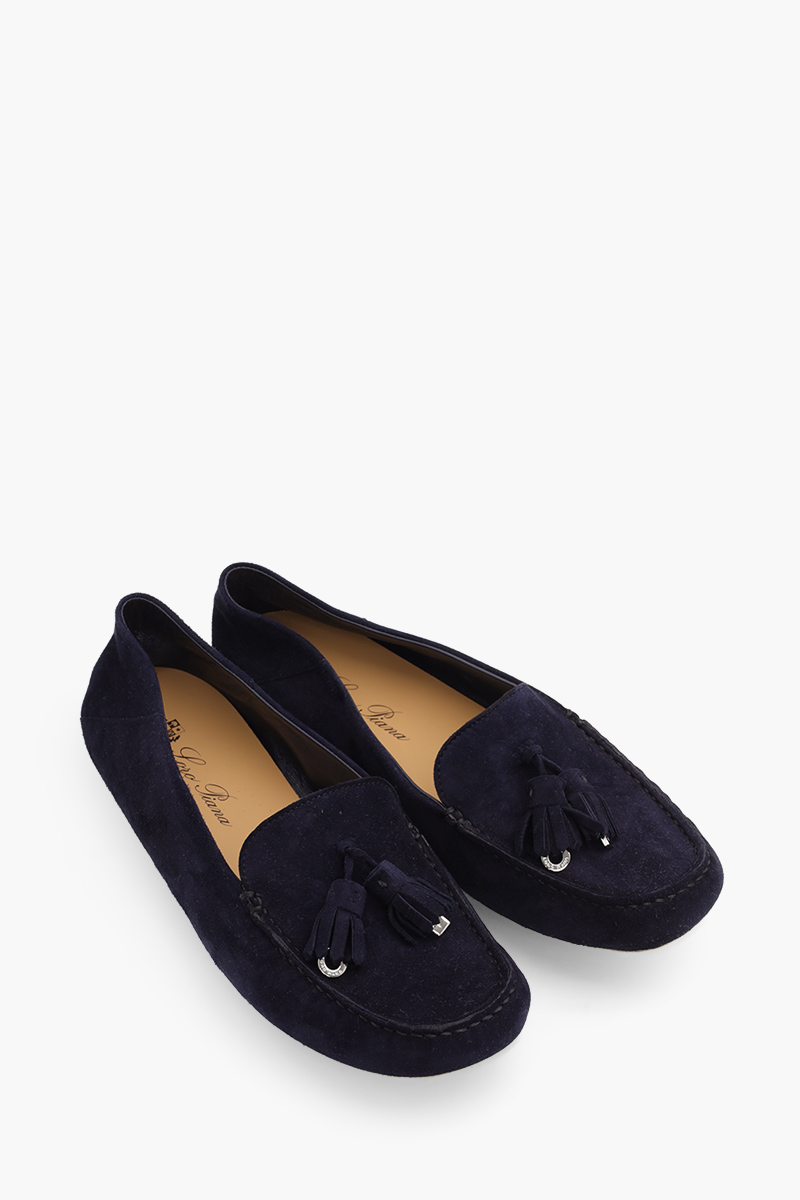 LORO PIANA Women Dot Sole Moccasin Shoes in Navy Blue Suede Goatskin 1