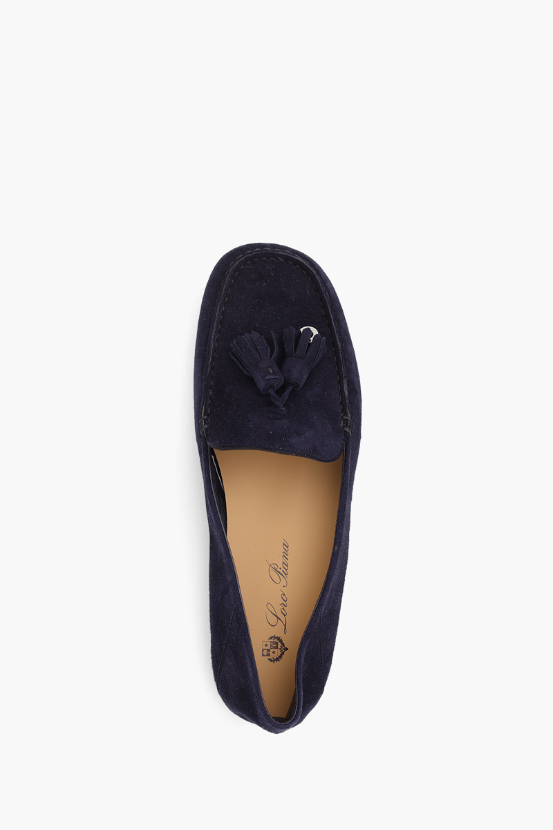 LORO PIANA Women Dot Sole Moccasin Shoes in Navy Blue Suede Goatskin 3