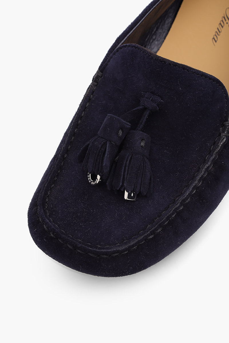 LORO PIANA Women Dot Sole Moccasin Shoes in Navy Blue Suede Goatskin 4