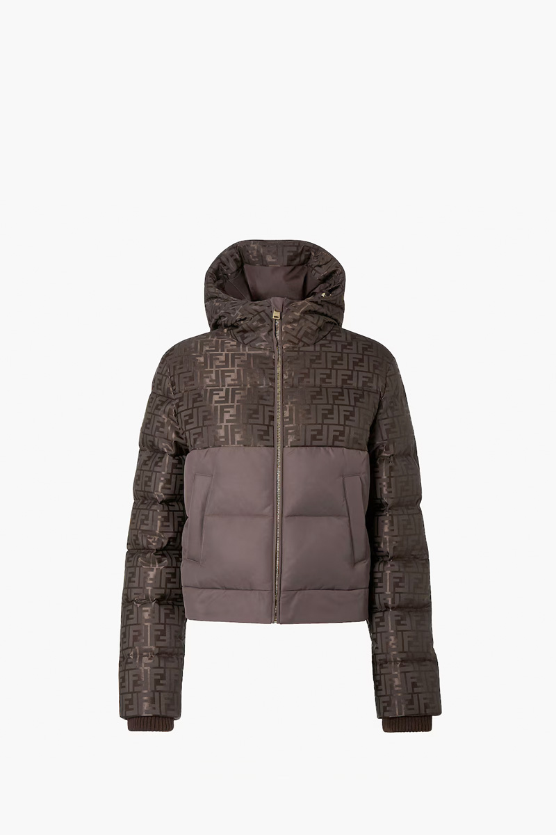 FENDI Women Logo Jacquard FF Short Down Jacket in Dark Brown Nylon 0