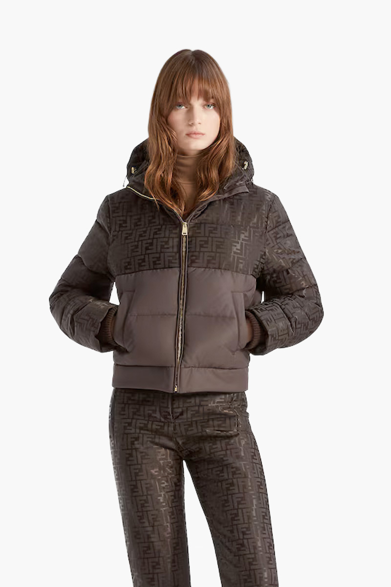 FENDI Women Logo Jacquard FF Short Down Jacket in Dark Brown Nylon 1
