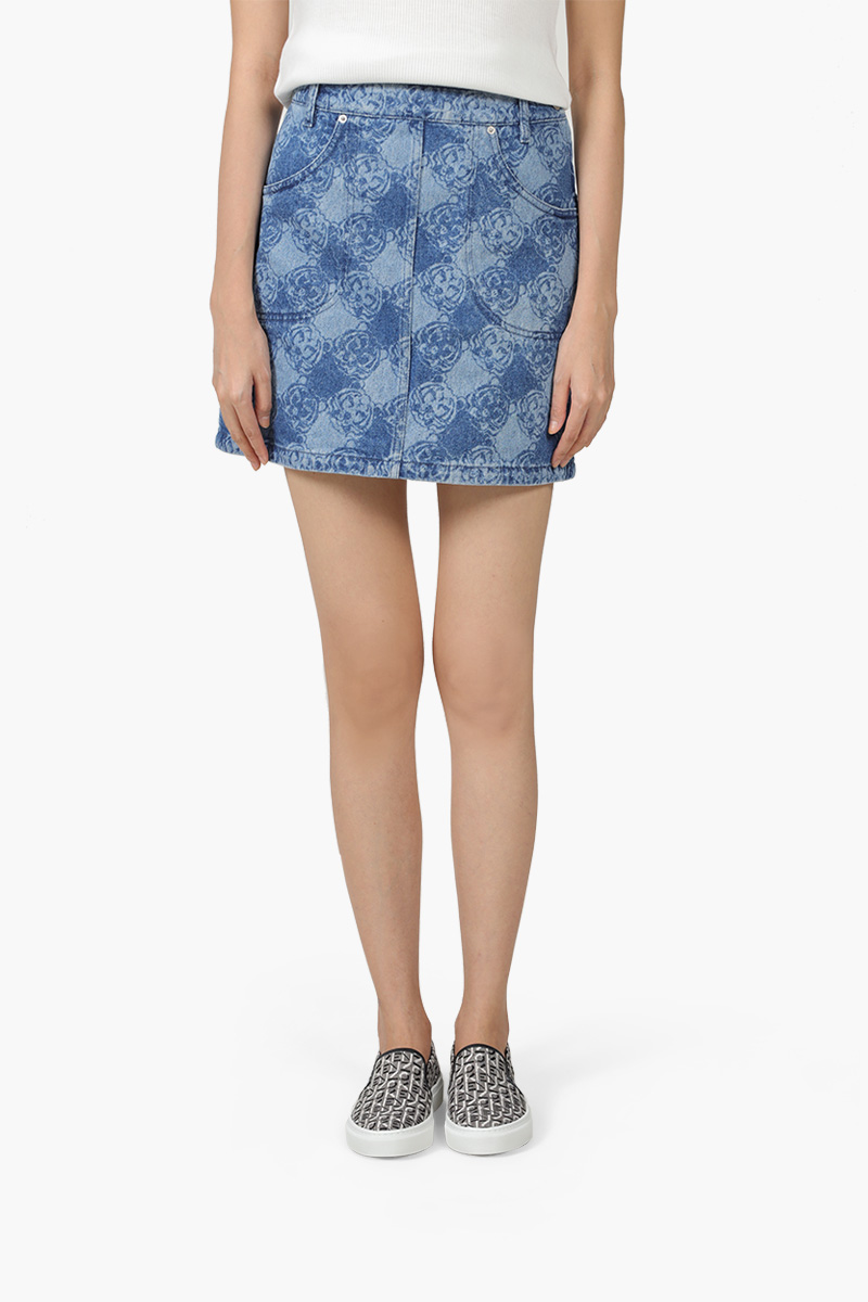 KENZO Women All Over K-Tiger Denim Monogram Miniskirt in Navy Blue 0
