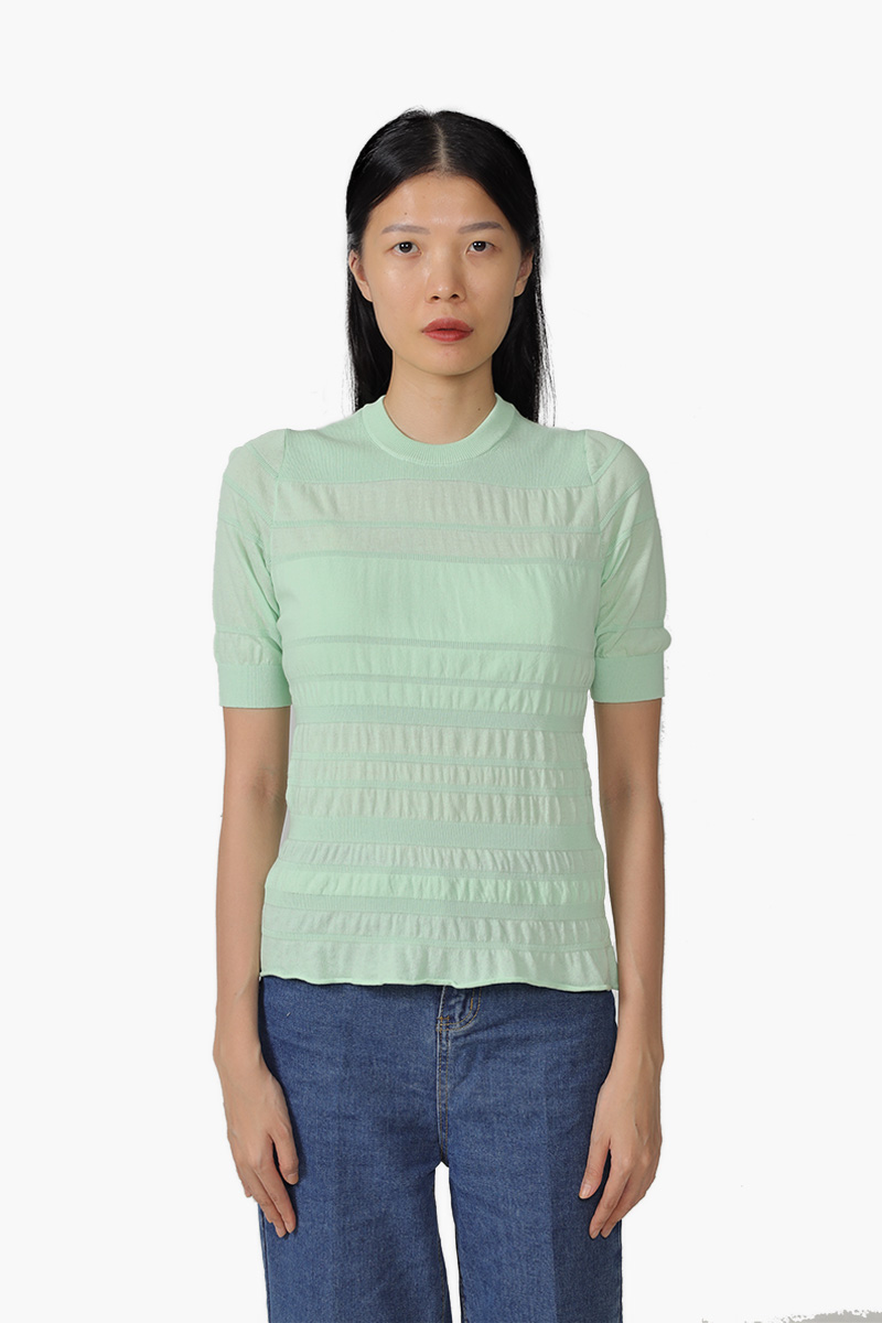 KENZO Women All Over Smocked Short Sleeves Sweater in Almond Green 0