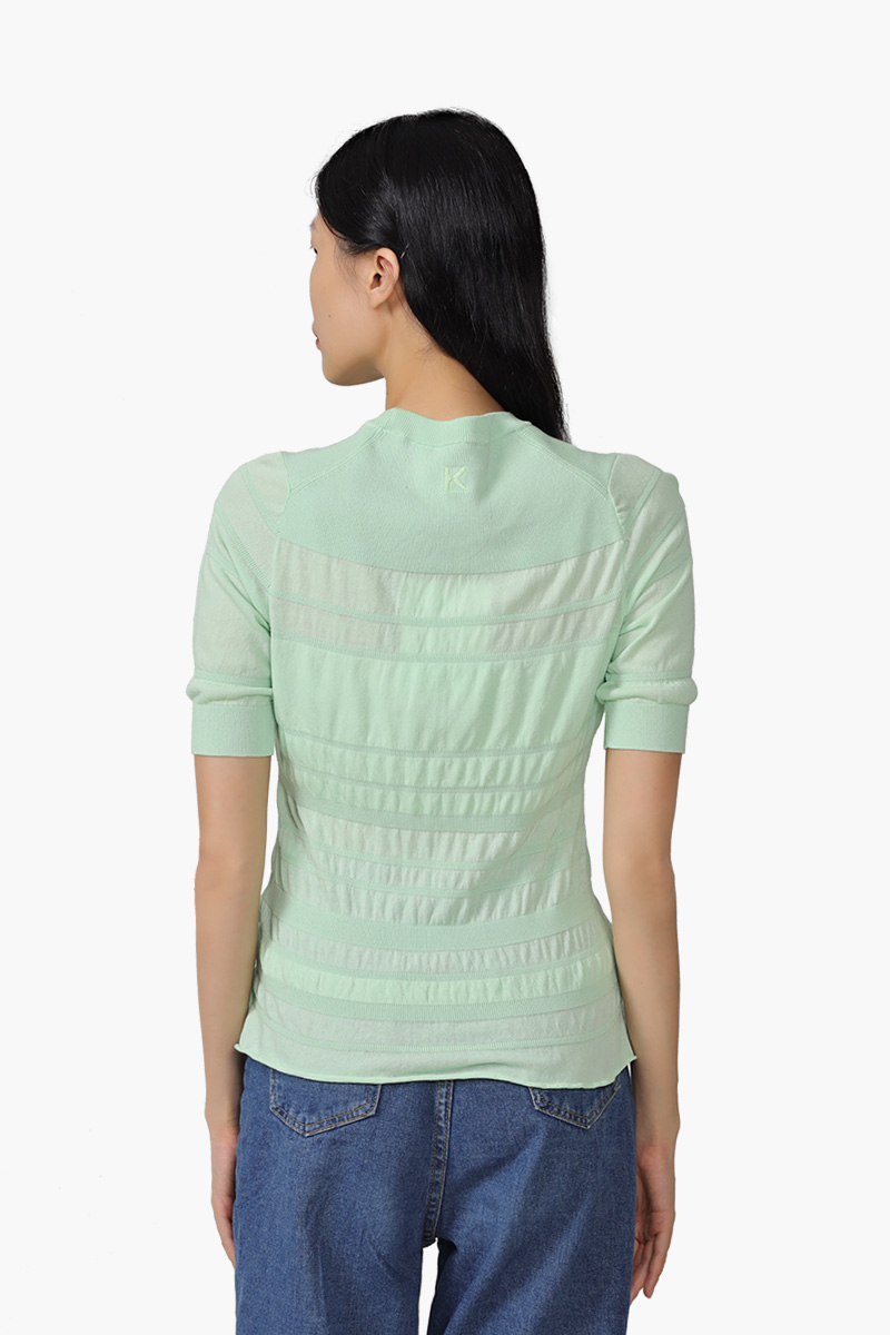 KENZO Women All Over Smocked Short Sleeves Sweater in Almond Green 1