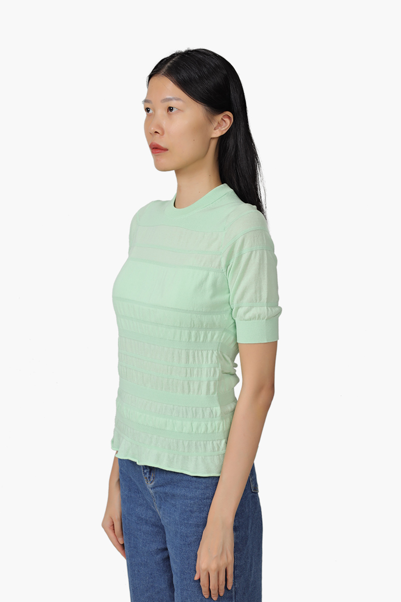 KENZO Women All Over Smocked Short Sleeves Sweater in Almond Green 2