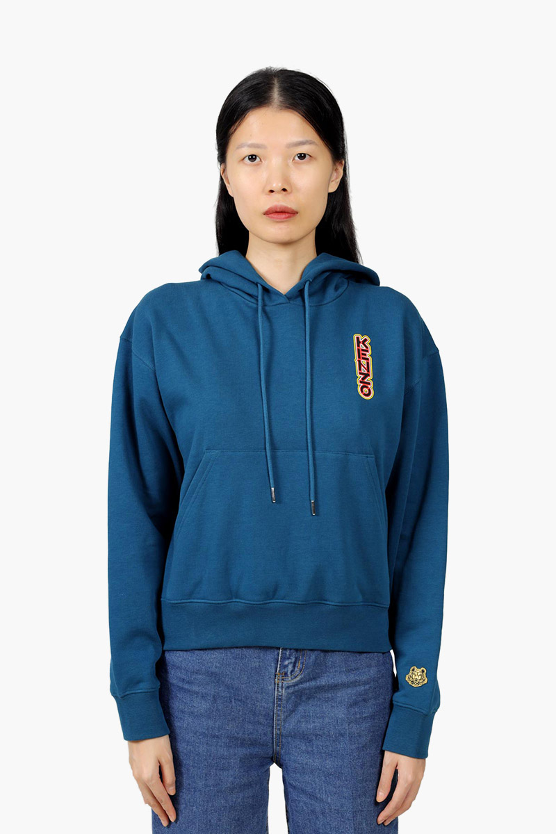 KENZO Women Neon Tiger on Back Boxy Sweatshirt in Duck Blue with Hoodie 0