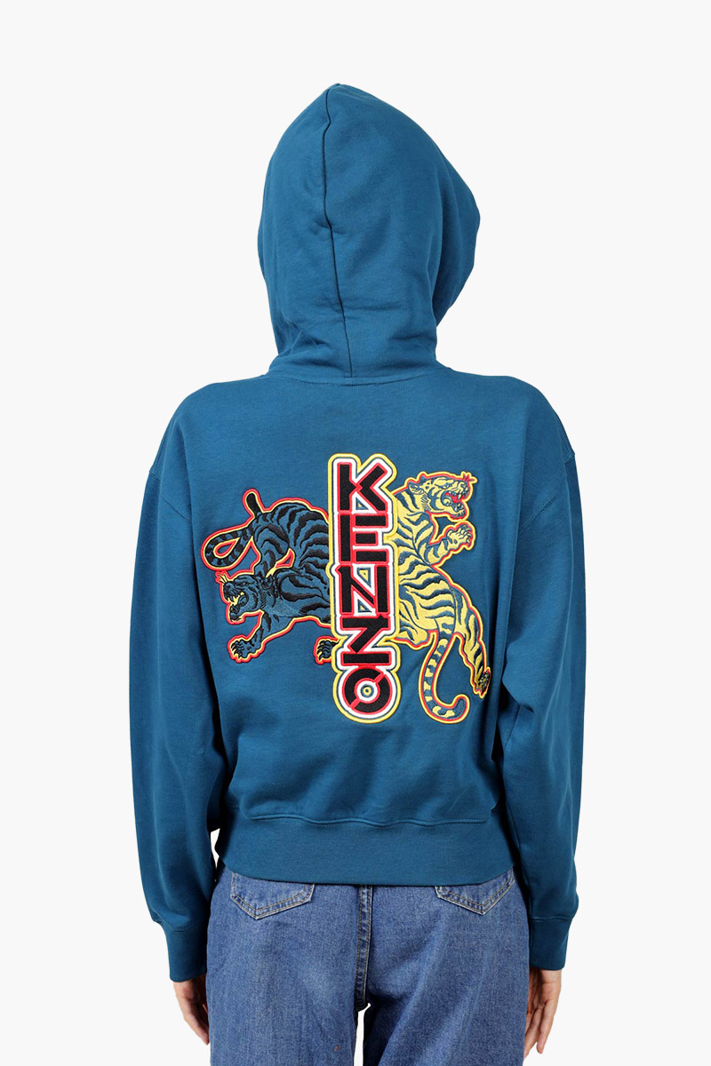 KENZO Women Neon Tiger on Back Boxy Sweatshirt in Duck Blue with Hoodie 1