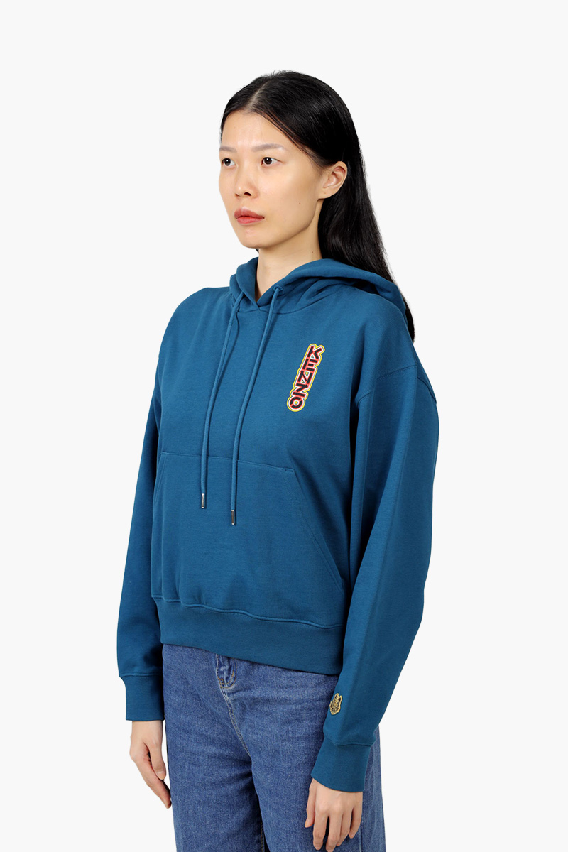 KENZO Women Neon Tiger on Back Boxy Sweatshirt in Duck Blue with Hoodie 2