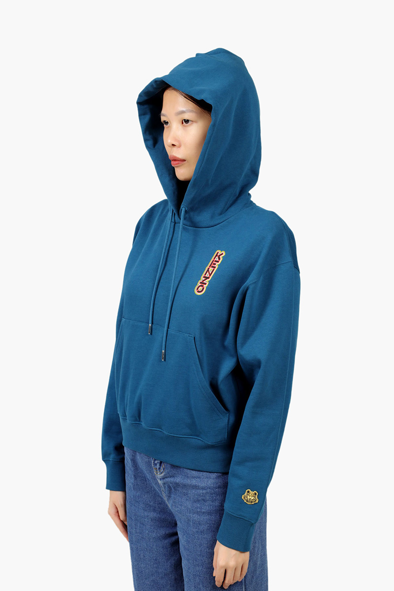 KENZO Women Neon Tiger on Back Boxy Sweatshirt in Duck Blue with Hoodie 3