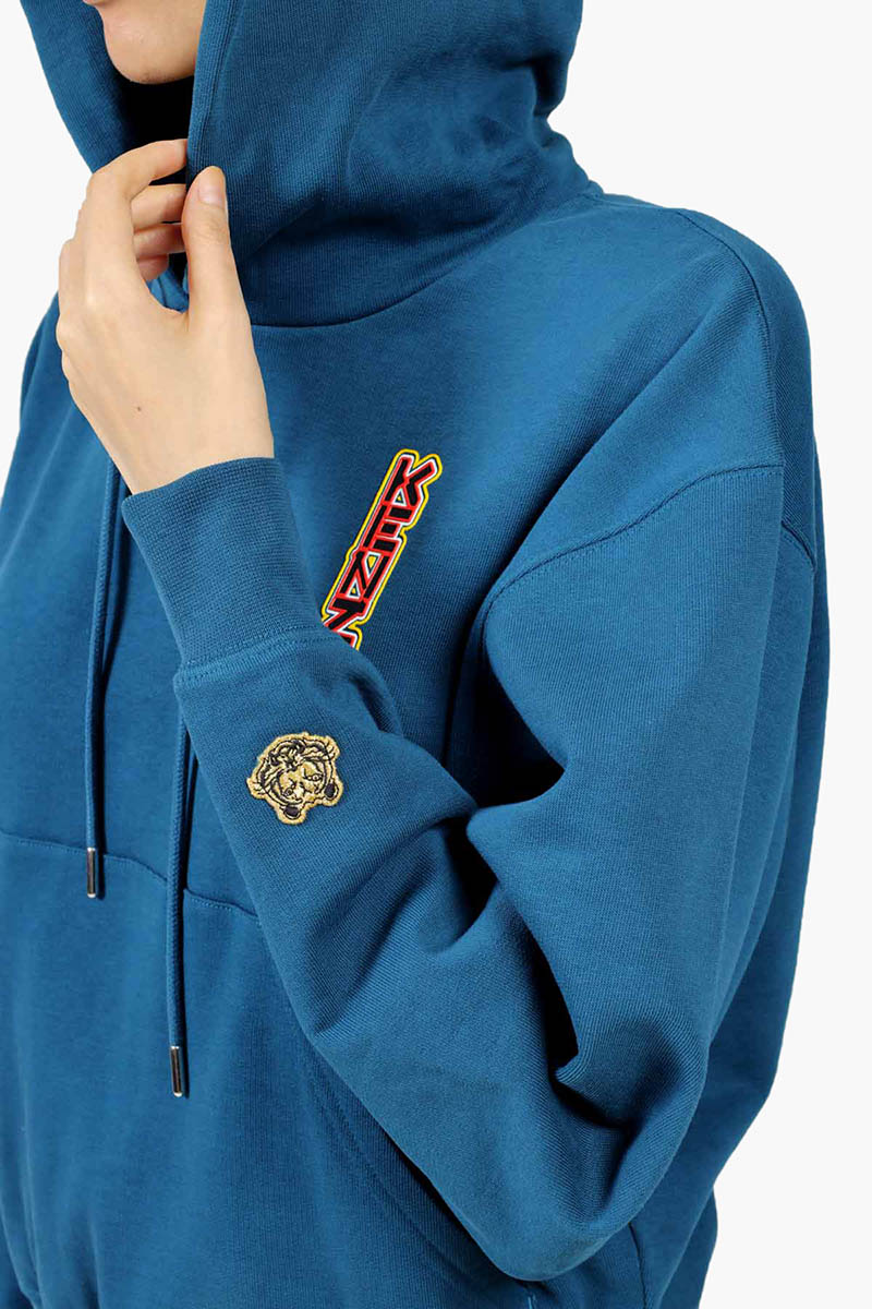 KENZO Women Neon Tiger on Back Boxy Sweatshirt in Duck Blue with Hoodie 4