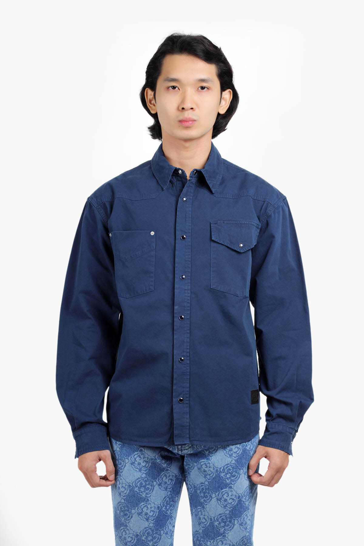 KENZO Men Logo Patch Long Sleeved Shirt in Navy Blue Washed 0