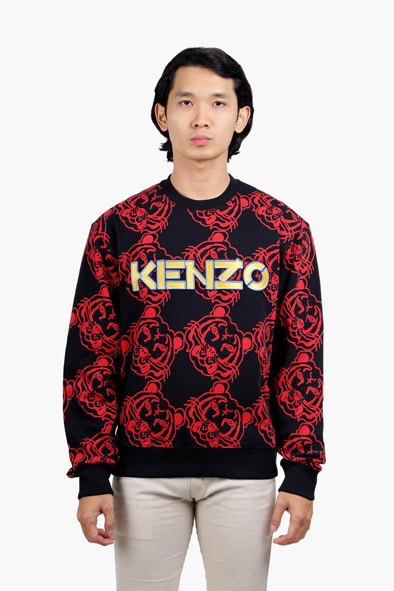 KENZO Men All-Over K-Tiger Monogram Sweatshirt in Black/Red with 3D Logo 0