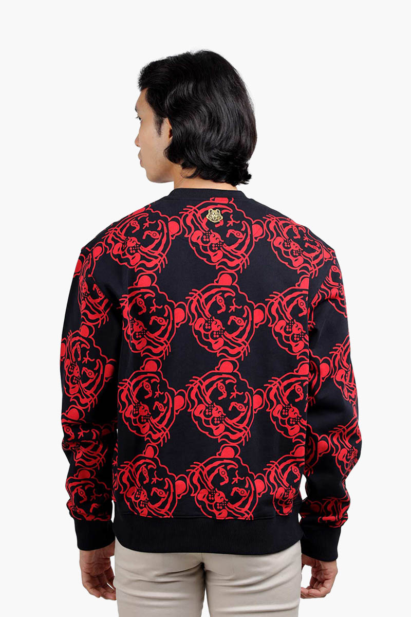 KENZO Men All-Over K-Tiger Monogram Sweatshirt in Black/Red with 3D Logo 1