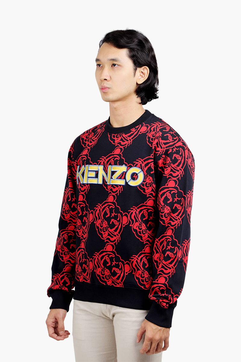 KENZO Men All-Over K-Tiger Monogram Sweatshirt in Black/Red with 3D Logo 2