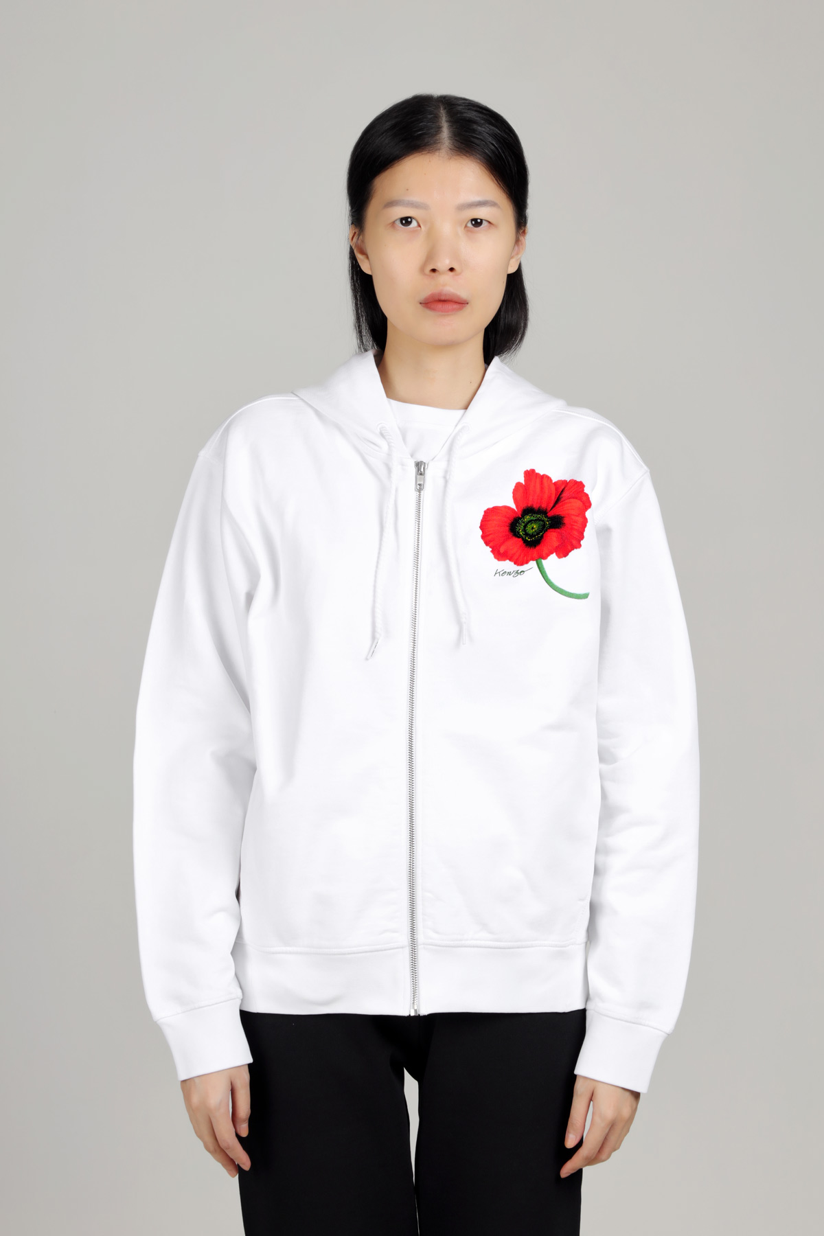 KENZO Women Kenzo Poppy Zipper Sweatshirt in White with Hoodie 1