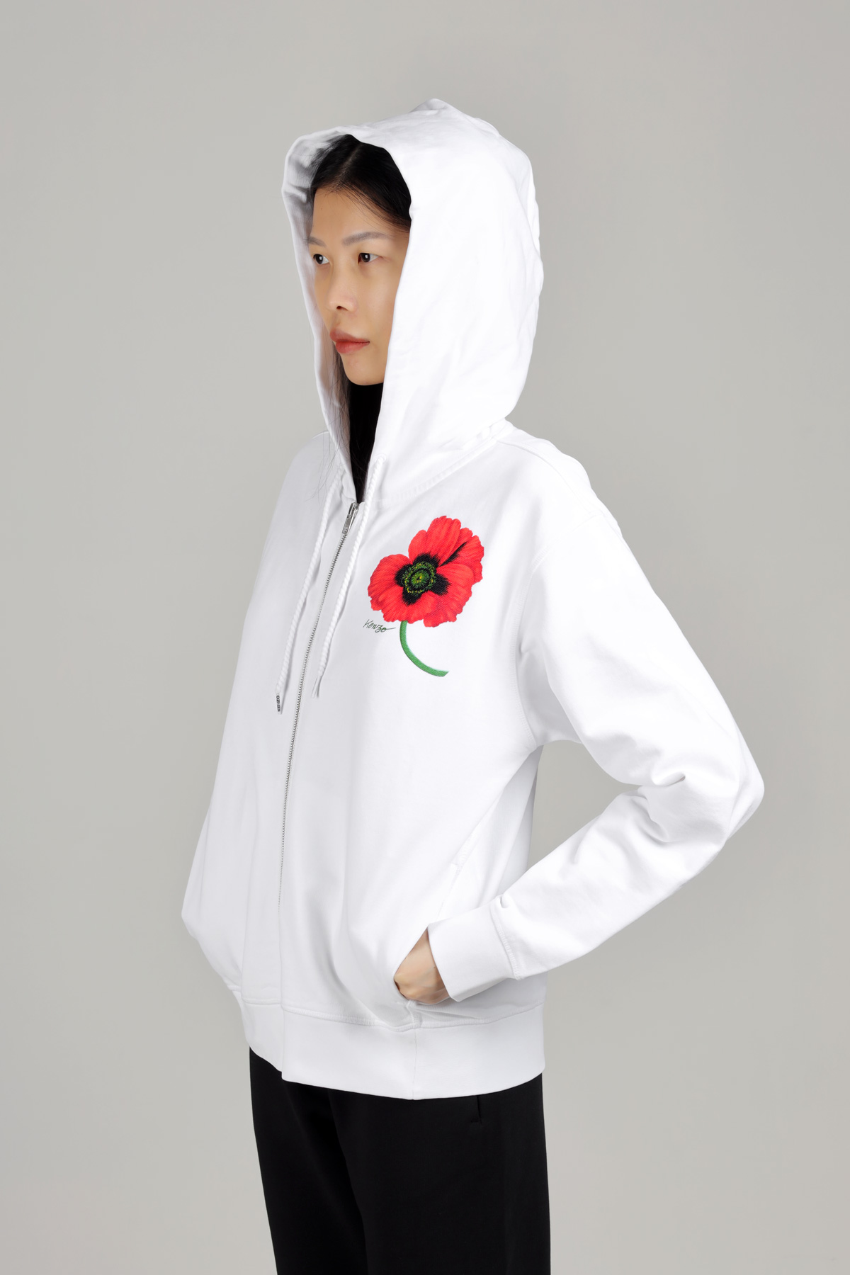 KENZO Women Kenzo Poppy Zipper Sweatshirt in White with Hoodie 3