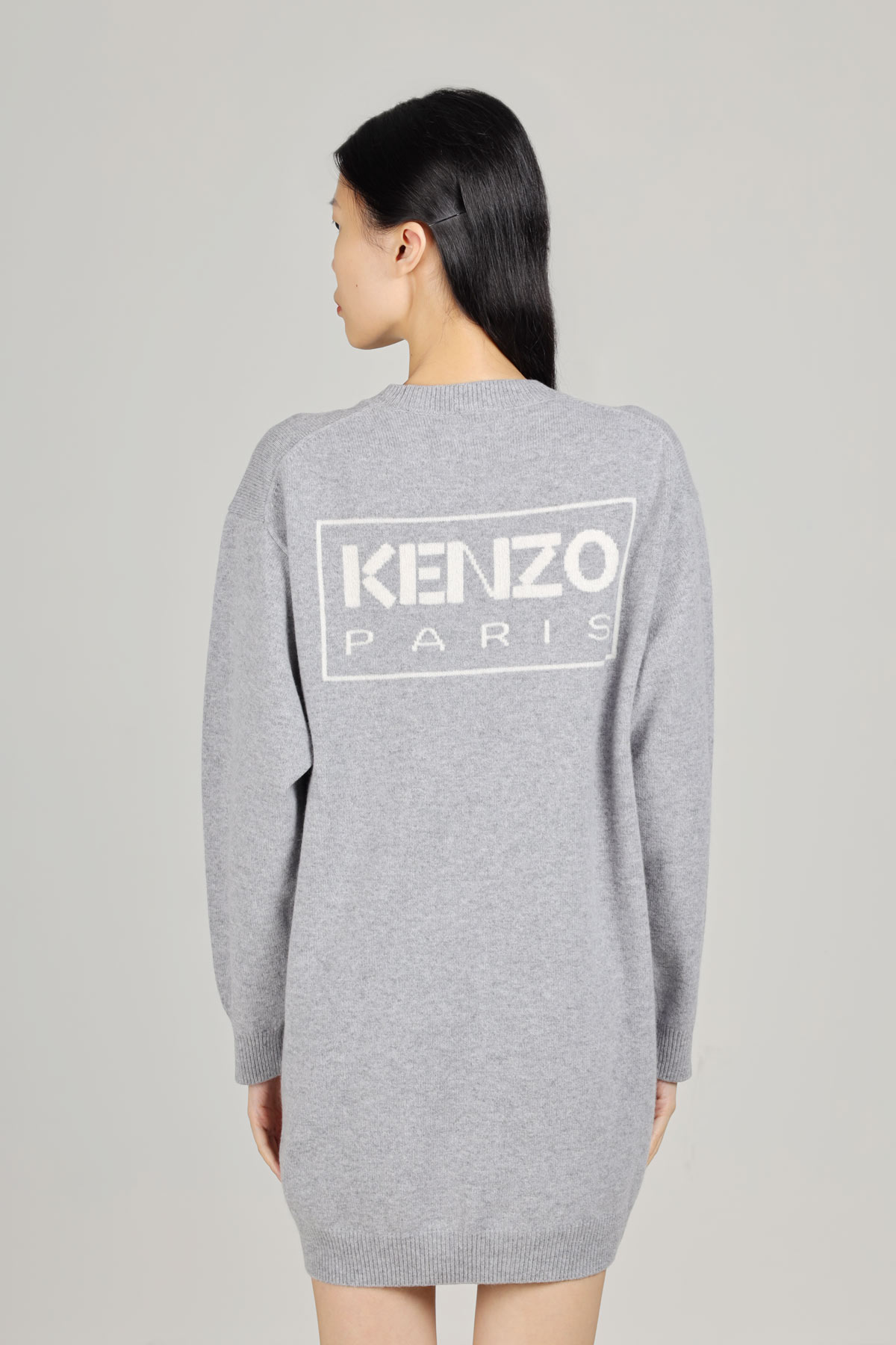 KENZO Women Kenzo Paris Merino Wool Dress in Misty Grey with Boke Flower Badge 2