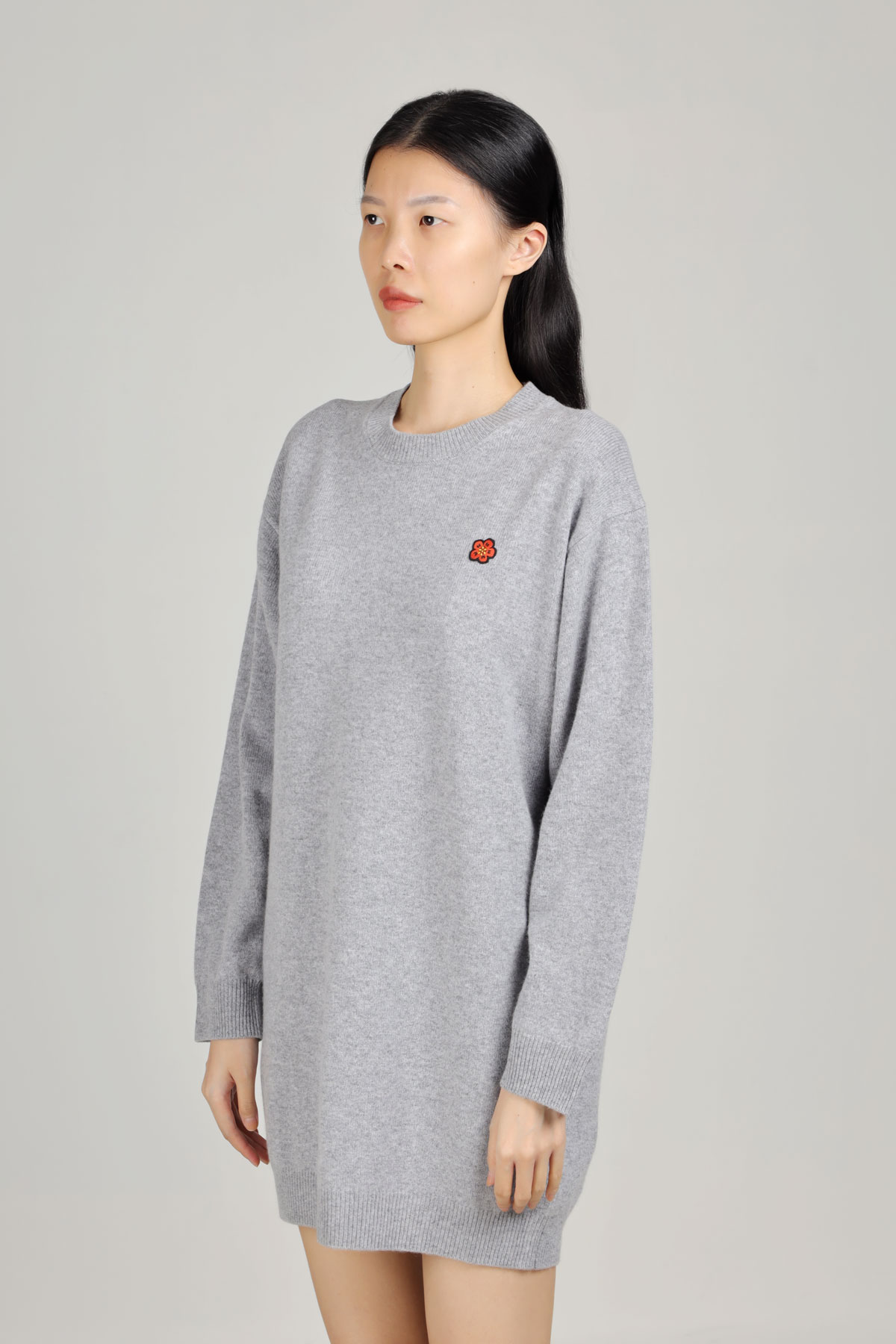 KENZO Women Kenzo Paris Merino Wool Dress in Misty Grey with Boke Flower Badge 3