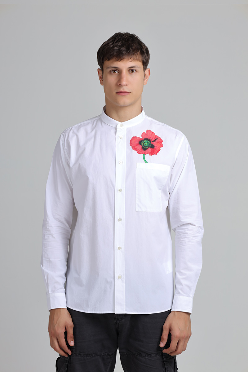 KENZO Men Kenzo Poppy Poplin Long Sleeves Shirt in White with Stand-Up Collar 0