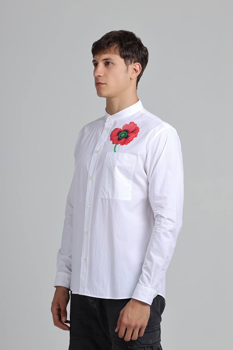 KENZO Men Kenzo Poppy Poplin Long Sleeves Shirt in White with Stand-Up Collar 2