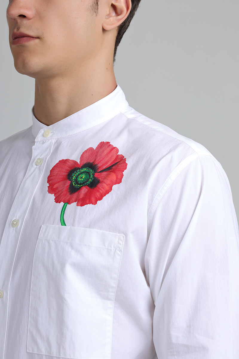 KENZO Men Kenzo Poppy Poplin Long Sleeves Shirt in White with Stand-Up Collar 3