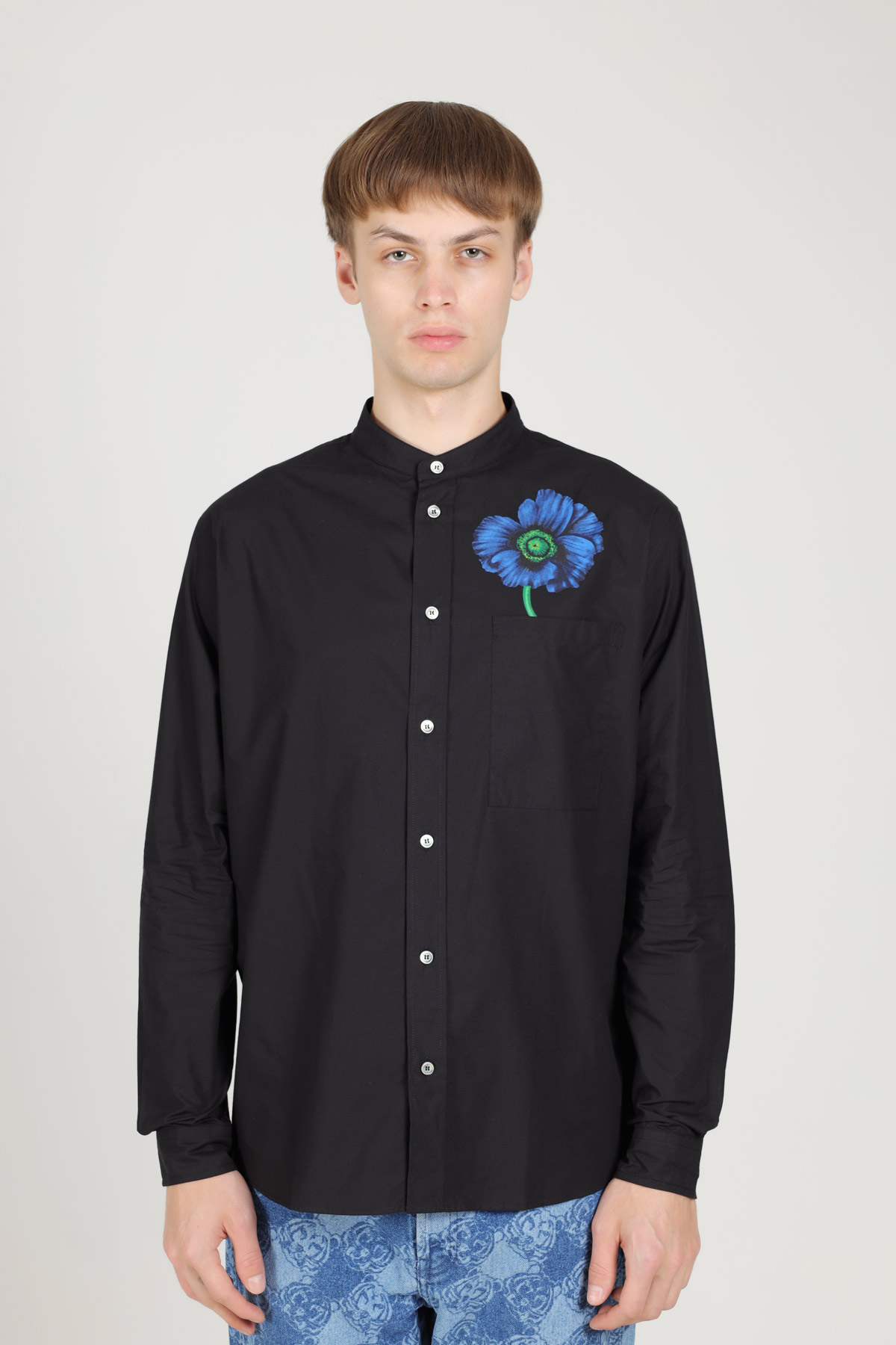 KENZO Men Kenzo Poppy Poplin Long Sleeves Shirt in Black with Stand-Up Collar 1