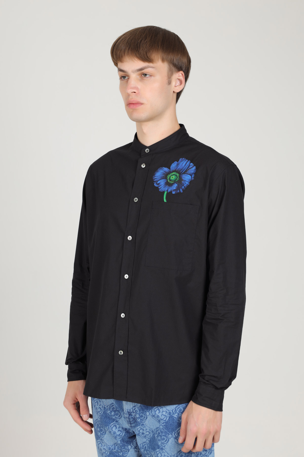 KENZO Men Kenzo Poppy Poplin Long Sleeves Shirt in Black with Stand-Up Collar 3