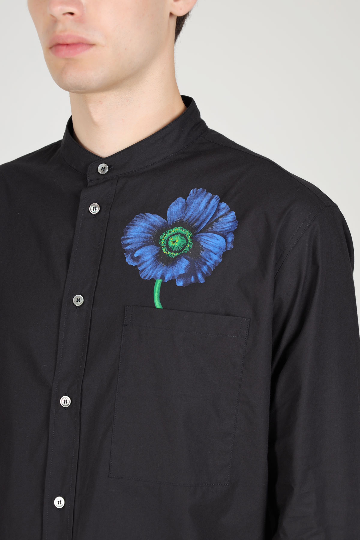 KENZO Men Kenzo Poppy Poplin Long Sleeves Shirt in Black with Stand-Up Collar 4